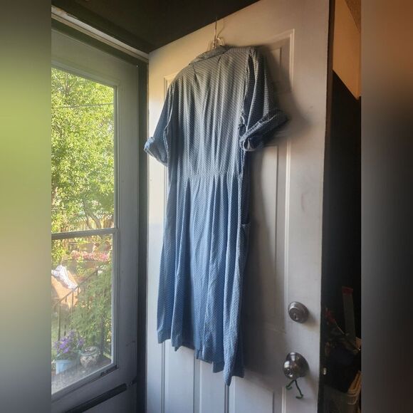 Vintage Blue Seersucker Polkadot 50s Midi Dress Button Front Pockets Collar - Picture 7 of 12